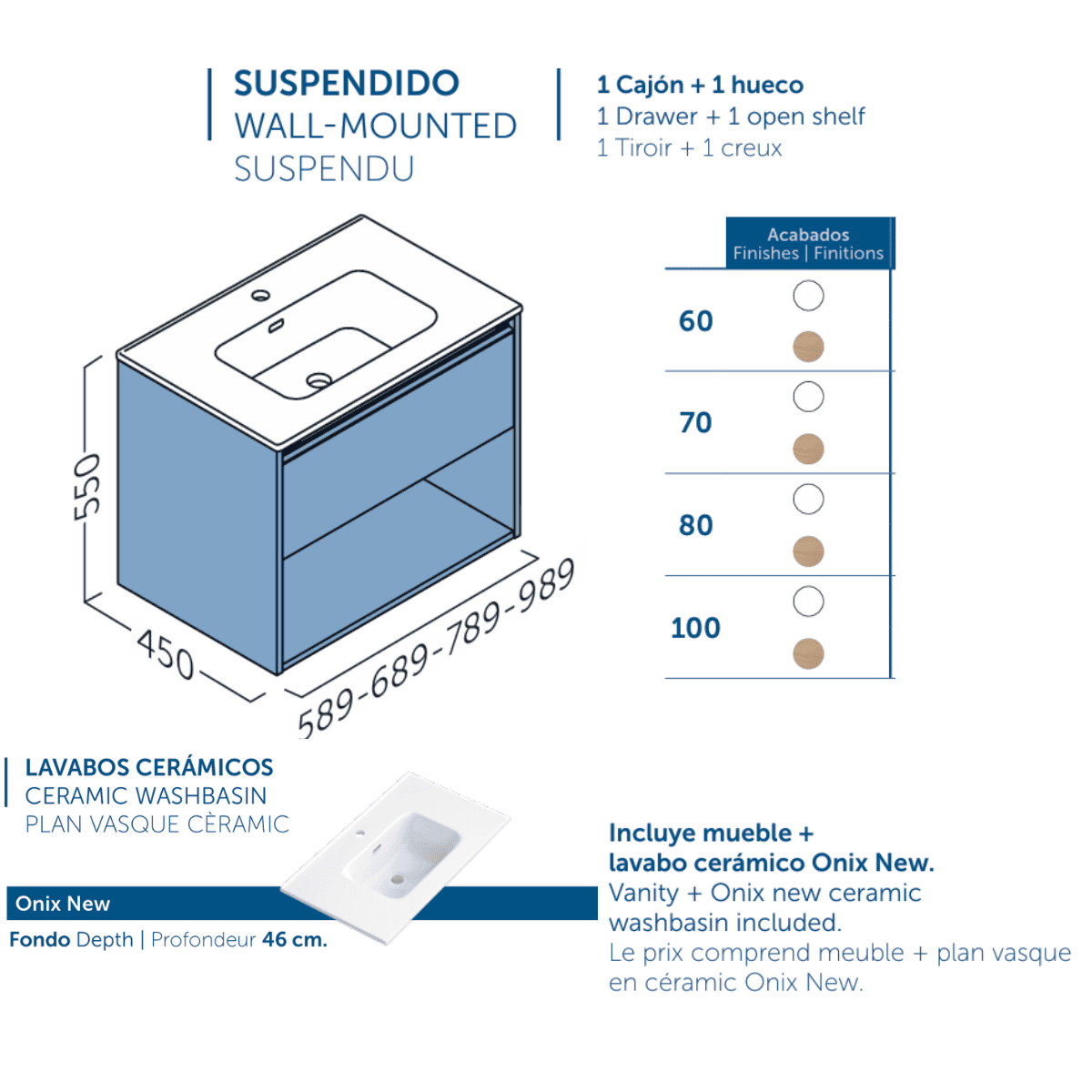 Mueble de Baño Suspendido con Lavabo Cerámico modelo Veloz| Mueble Volado 1 Cajón y 1 Hueco| Roble Natural
