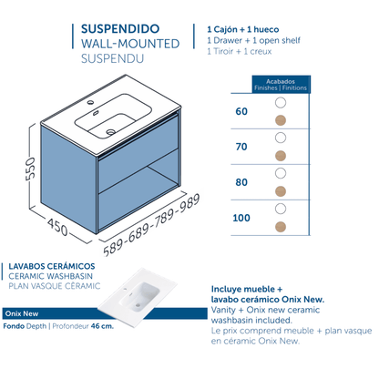 Mueble de Baño Suspendido con Lavabo Cerámico modelo Veloz| Mueble Volado 1 Cajón y 1 Hueco| Roble Natural