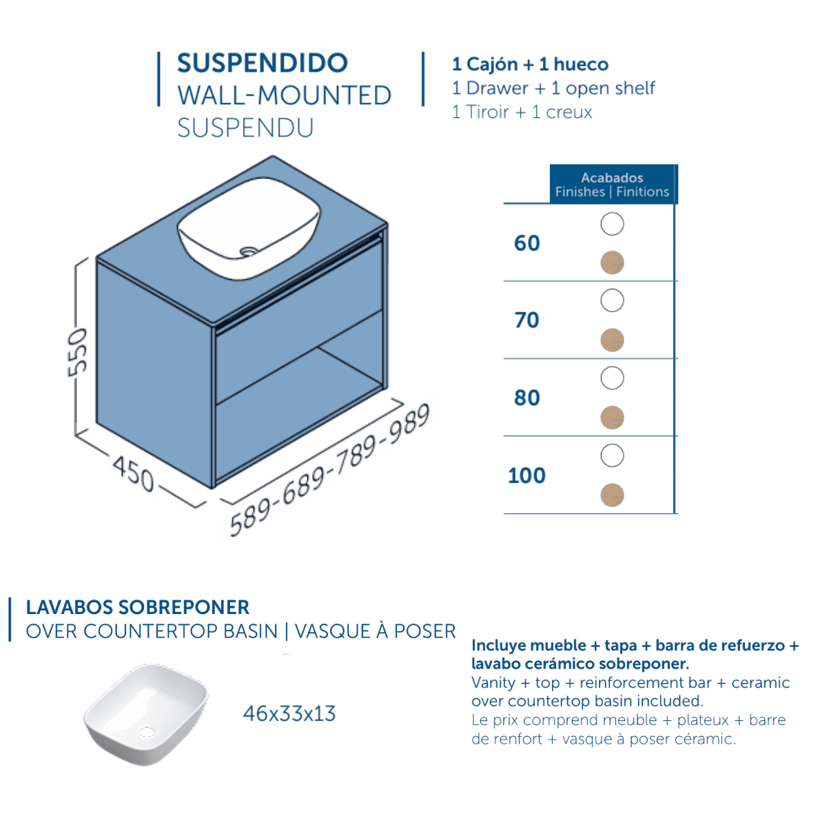 Mueble de Baño Suspendido con Lavabo Sobreponer Cerámico modelo Veloz| Mueble Volado 1 Cajón y 1 Hueco | Roble Natural