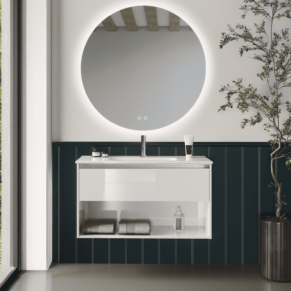 Mueble de Baño Suspendido con Lavabo Sobreponer Cerámico modelo Veloz| Mueble Volado 1 Cajón Con Tirador y 1 Hueco | Blanco Brillo - 