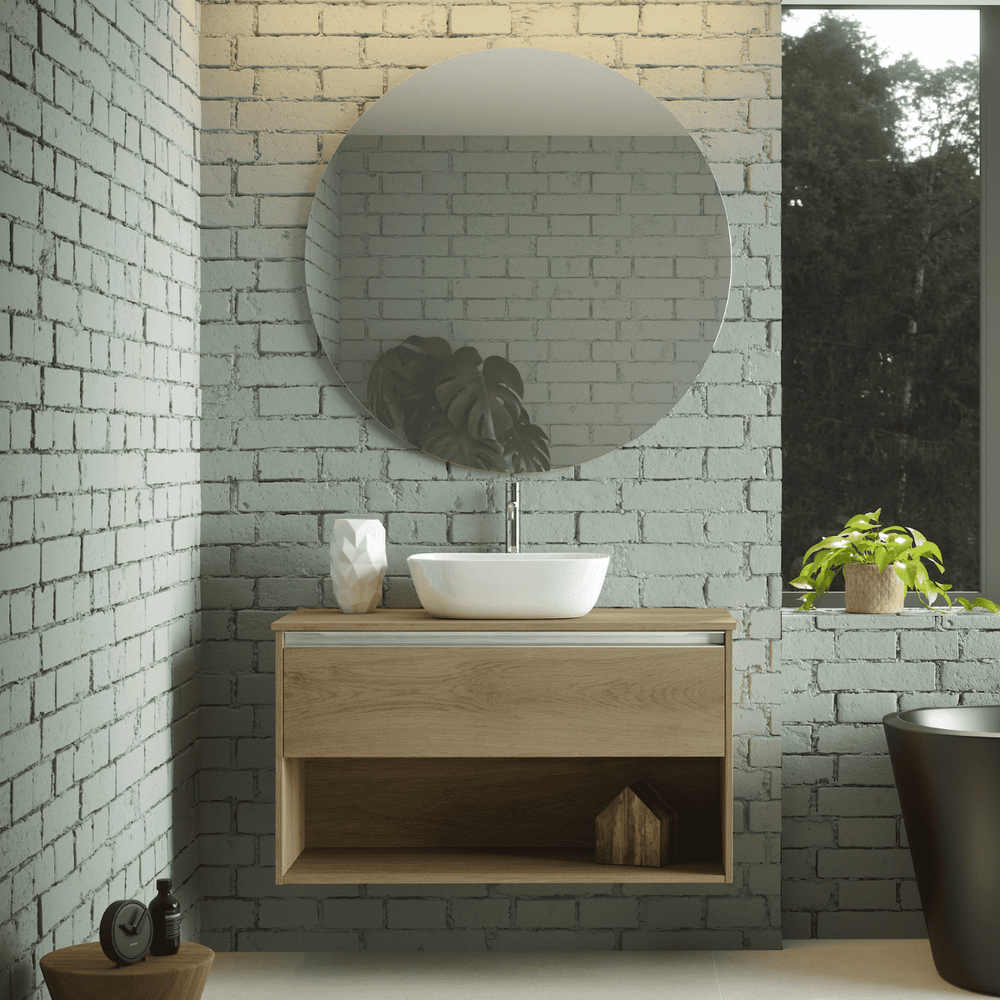 Mueble de Baño Suspendido con Lavabo Sobreponer Cerámico modelo Veloz| Mueble Volado 1 Cajón Con Tirador y 1 Hueco | Roble Natural - 
