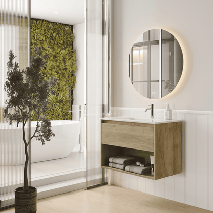Mueble de Baño Suspendido con Lavabo Cerámico modelo Veloz| Mueble Volado 1 Cajón y 1 Hueco| Roble Natural
