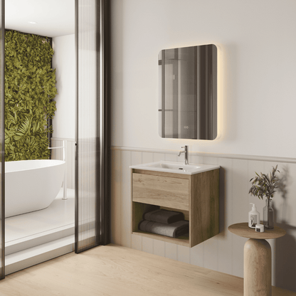 Mueble de Baño Suspendido con Lavabo Cerámico modelo Veloz| Mueble Volado 1 Cajón y 1 Hueco| Roble Natural