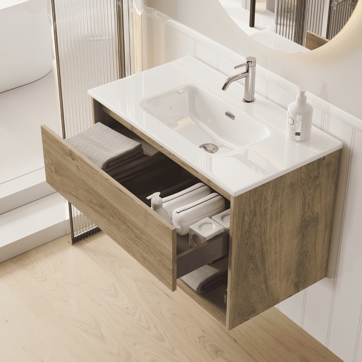 Mueble de Baño Suspendido con Lavabo Cerámico modelo Veloz| Mueble Volado 1 Cajón y 1 Hueco| Roble Natural