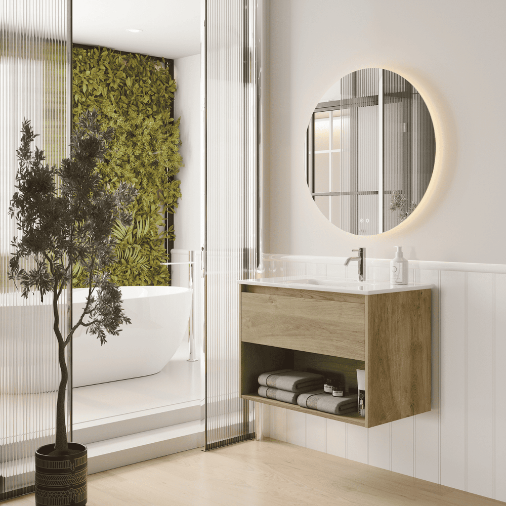 Mueble de Baño Suspendido con Lavabo Cerámico modelo Veloz| Mueble Volado 1 Cajón y 1 Hueco| Roble Natural - 