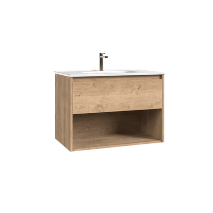 Mueble de Baño Suspendido con Lavabo Cerámico modelo Veloz| Mueble Volado 1 Cajón y 1 Hueco| Roble Natural