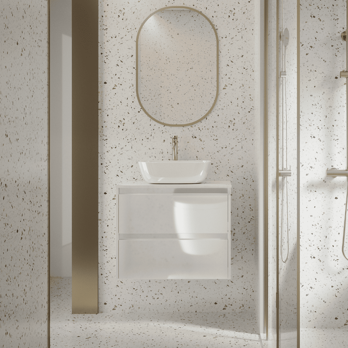 Mueble de Baño Suspendido Fondo Reducido con Lavabo Sobreponer Cerámico para Aseos modelo Veloz| Mueble Volado 2 Cajones | Blanco Brillo