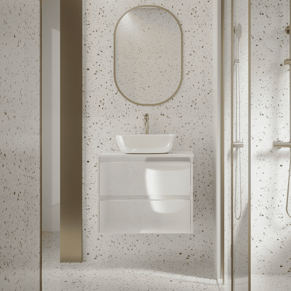 Mueble de Baño Suspendido Fondo Reducido con Lavabo Sobreponer Cerámico para Aseos modelo Veloz| Mueble Volado 2 Cajones | Blanco Brillo