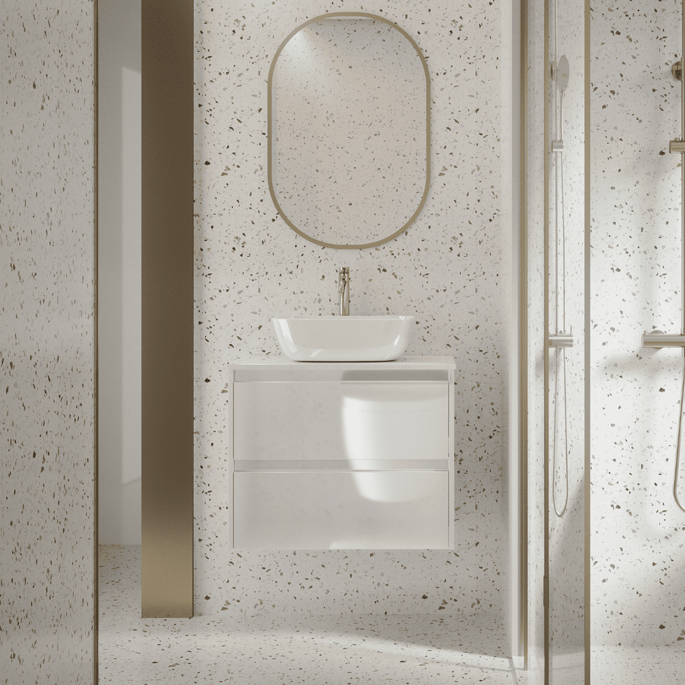 Mueble de Baño Suspendido Fondo Reducido con Lavabo Sobreponer Cerámico para Aseos modelo Veloz| Mueble Volado 2 Cajones | Blanco Brillo - 