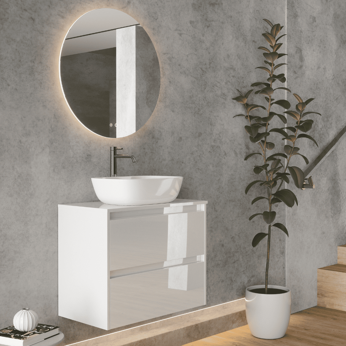 Mueble de Baño Suspendido Fondo Reducido con Lavabo Sobreponer Cerámico para Aseos modelo Veloz| Mueble Volado 2 Cajones | Blanco Brillo