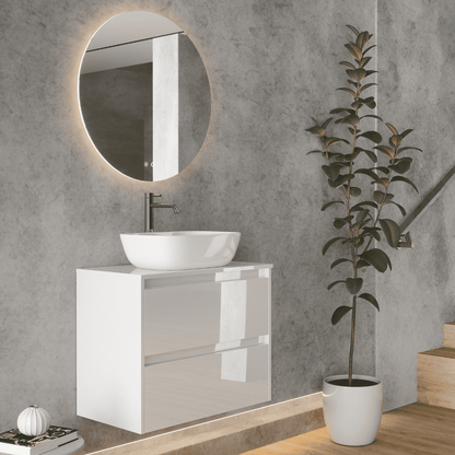 Mueble de Baño Suspendido Fondo Reducido con Lavabo Sobreponer Cerámico para Aseos modelo Veloz| Mueble Volado 2 Cajones | Blanco Brillo
