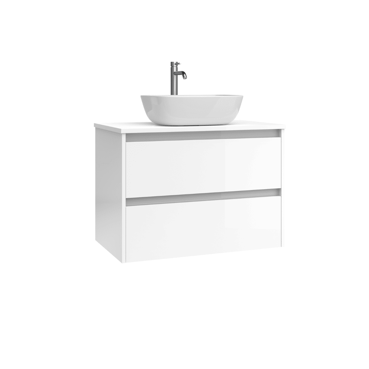Mueble de Baño Suspendido Fondo Reducido con Lavabo Sobreponer Cerámico para Aseos modelo Veloz| Mueble Volado 2 Cajones | Blanco Brillo