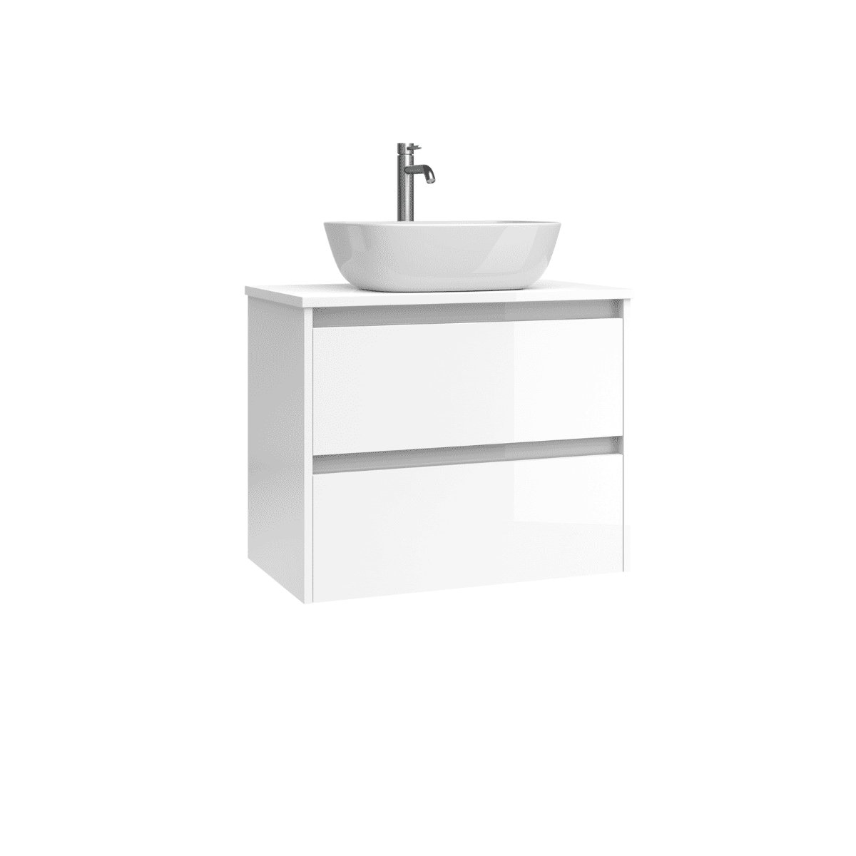 Mueble de Baño Suspendido Fondo Reducido con Lavabo Sobreponer Cerámico para Aseos modelo Veloz| Mueble Volado 2 Cajones | Blanco Brillo