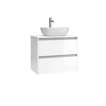 Mueble de Baño Suspendido Fondo Reducido con Lavabo Sobreponer Cerámico para Aseos modelo Veloz| Mueble Volado 2 Cajones | Blanco Brillo