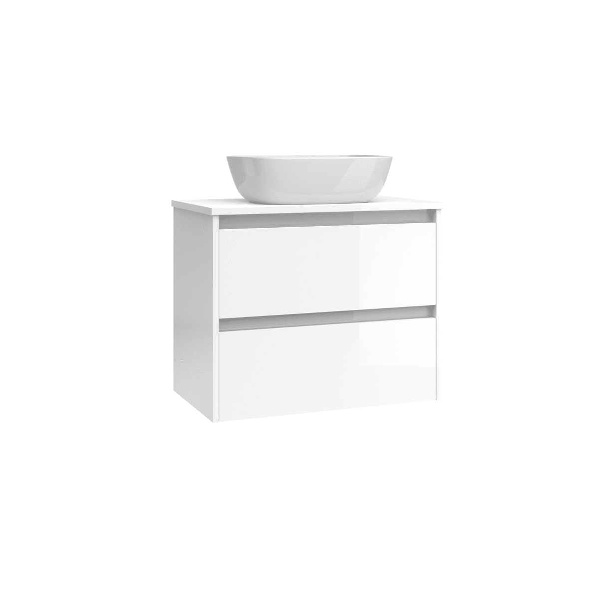 Mueble de Baño Suspendido Fondo Reducido con Lavabo Sobreponer Cerámico para Aseos modelo Veloz| Mueble Volado 2 Cajones | Blanco Brillo