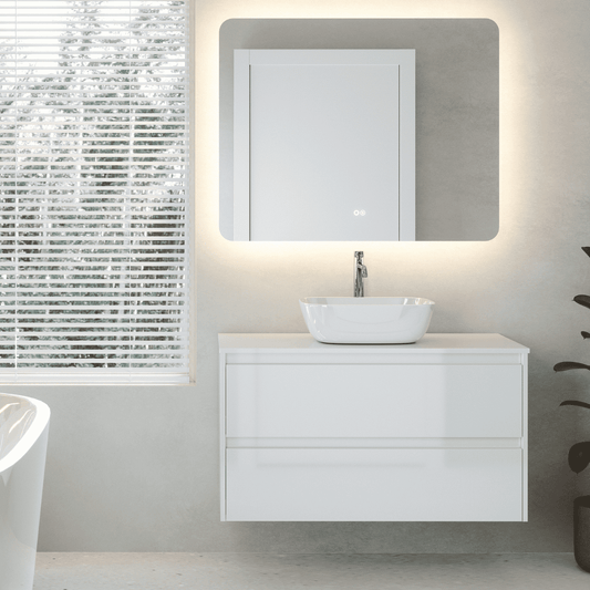 Mueble de Baño Suspendido con Lavabo Sobreponer Cerámico modelo Veloz| Mueble Volado 2 Cajones | Blanco Brillo