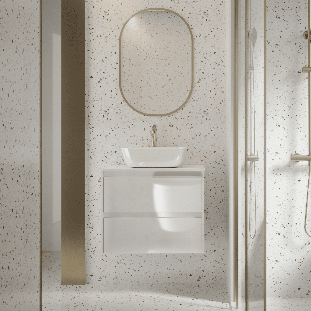 Mueble de Baño Suspendido con Lavabo Sobreponer Cerámico modelo Veloz| Mueble Volado 2 Cajones | Blanco Brillo