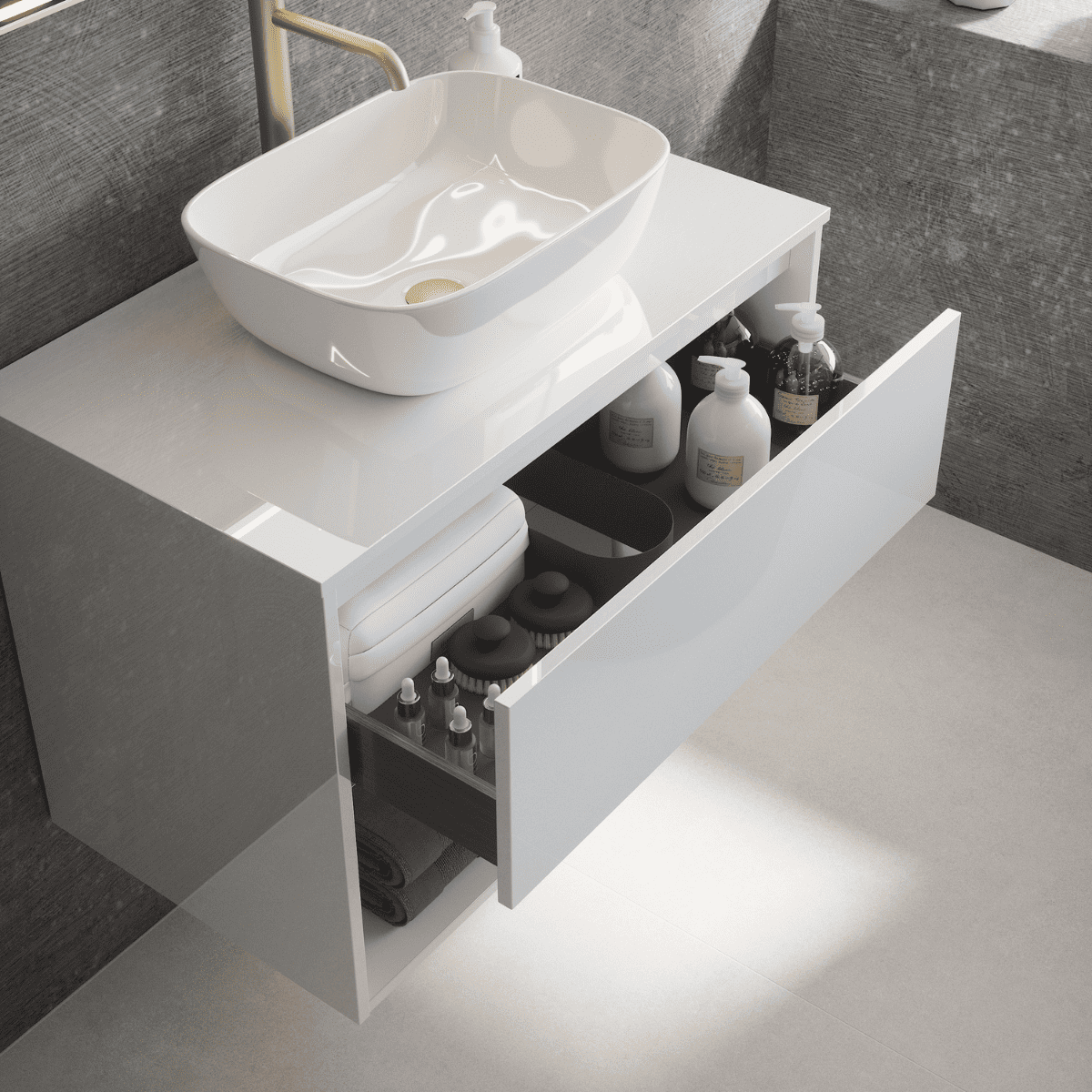 Mueble de Baño Suspendido con Lavabo Sobreponer Cerámico modelo Veloz| Mueble Volado 2 Cajones | Blanco Brillo