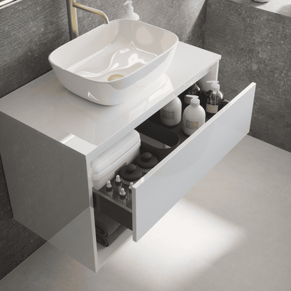 Mueble de Baño Suspendido con Lavabo Sobreponer Cerámico modelo Veloz| Mueble Volado 2 Cajones | Blanco Brillo