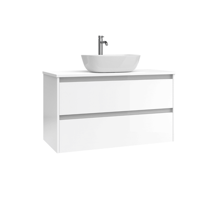 Mueble de Baño Suspendido con Lavabo Sobreponer Cerámico modelo Veloz| Mueble Volado 2 Cajones | Blanco Brillo