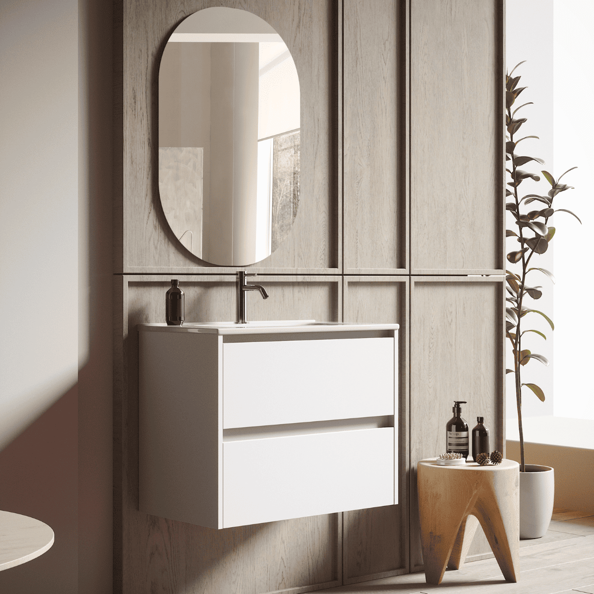 Mueble de Baño Suspendido con Lavabo Cerámico modelo Veloz| Mueble Volado 2 Cajones| Blanco Mate
