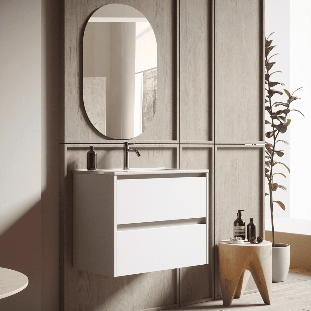 Mueble de Baño Suspendido con Lavabo Cerámico modelo Veloz| Mueble Volado 2 Cajones| Blanco Mate - 