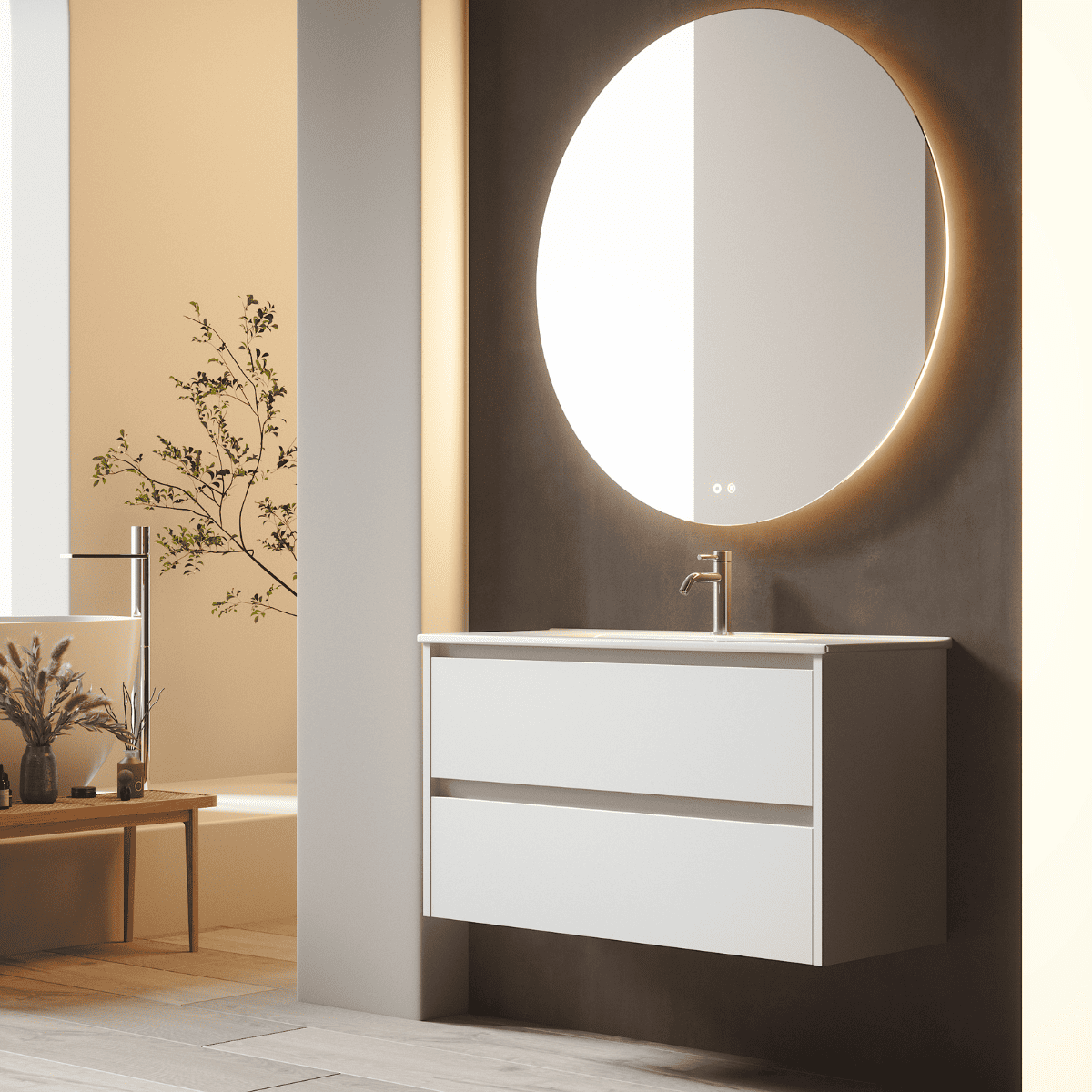 Mueble de Baño Suspendido con Lavabo Cerámico modelo Veloz| Mueble Volado 2 Cajones| Blanco Mate