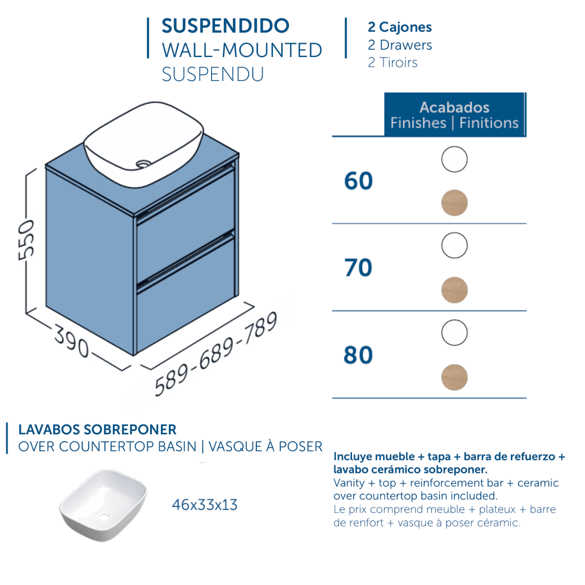 Mueble de Baño Suspendido Fondo Reducido con Lavabo Sobreponer Cerámico para Aseos modelo Veloz| Mueble Volado 2 Cajones | Roble Natural