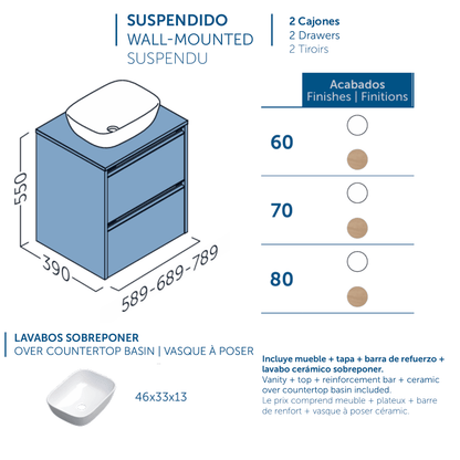 Mueble de Baño Suspendido Fondo Reducido con Lavabo Sobreponer Cerámico para Aseos modelo Veloz| Mueble Volado 2 Cajones | Roble Natural