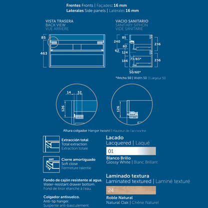 Mueble de Baño Suspendido Fondo Reducido con Lavabo Sobreponer Cerámico para Aseos modelo Veloz| Mueble Volado 2 Cajones | Roble Natural