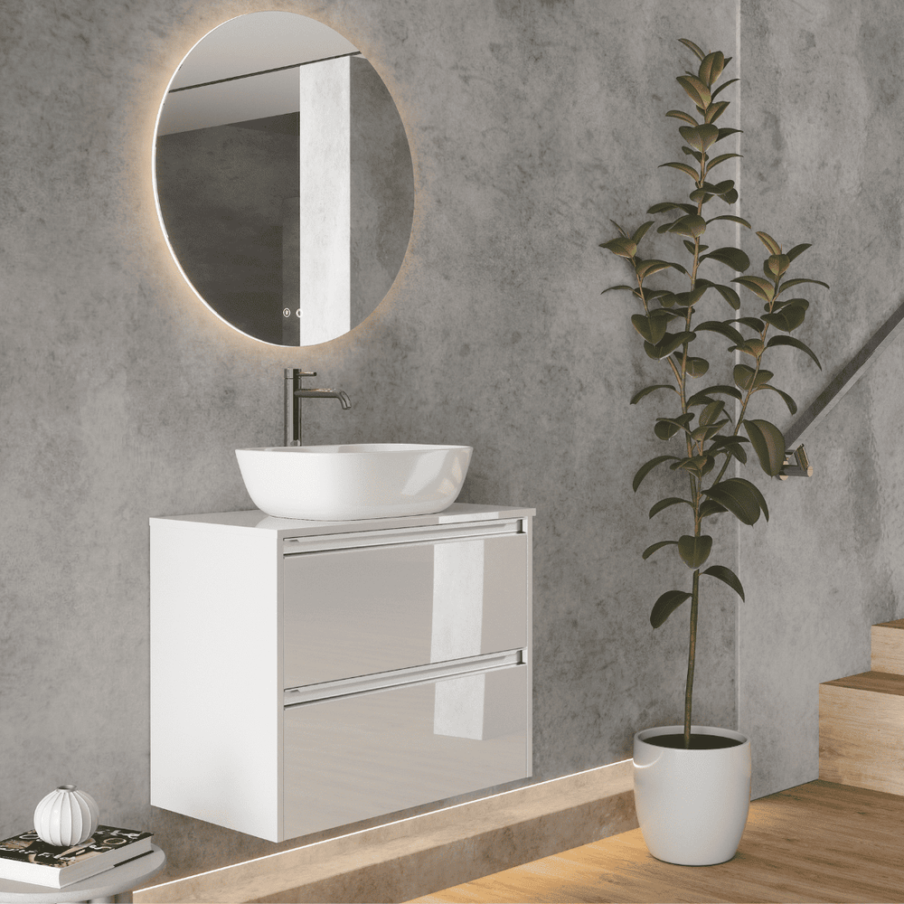 Mueble de Baño Suspendido Fondo Reducido con Lavabo Sobreponer Cerámico para Aseos modelo Veloz| Mueble Volado 2 Cajones Con Tirador| Blanco Brillo - 