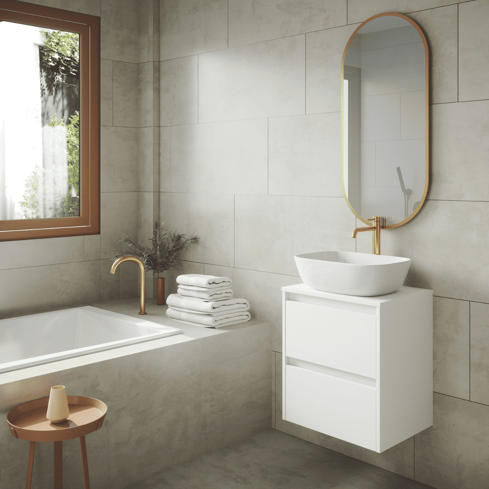 Mueble de Baño Suspendido Fondo Reducido con Lavabo Sobreponer Cerámico para Aseos modelo Veloz| Mueble Volado 2 Cajones | Blanco Mate - 