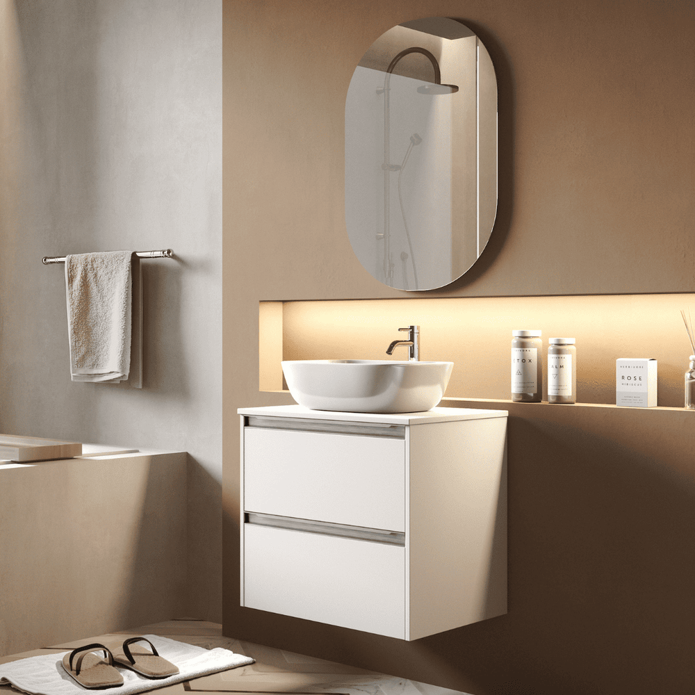 Mueble de Baño Suspendido Fondo Reducido con Lavabo Sobreponer Cerámico para Aseos modelo Veloz| Mueble Volado 2 Cajones Con Tirador| Blanco Mate - 