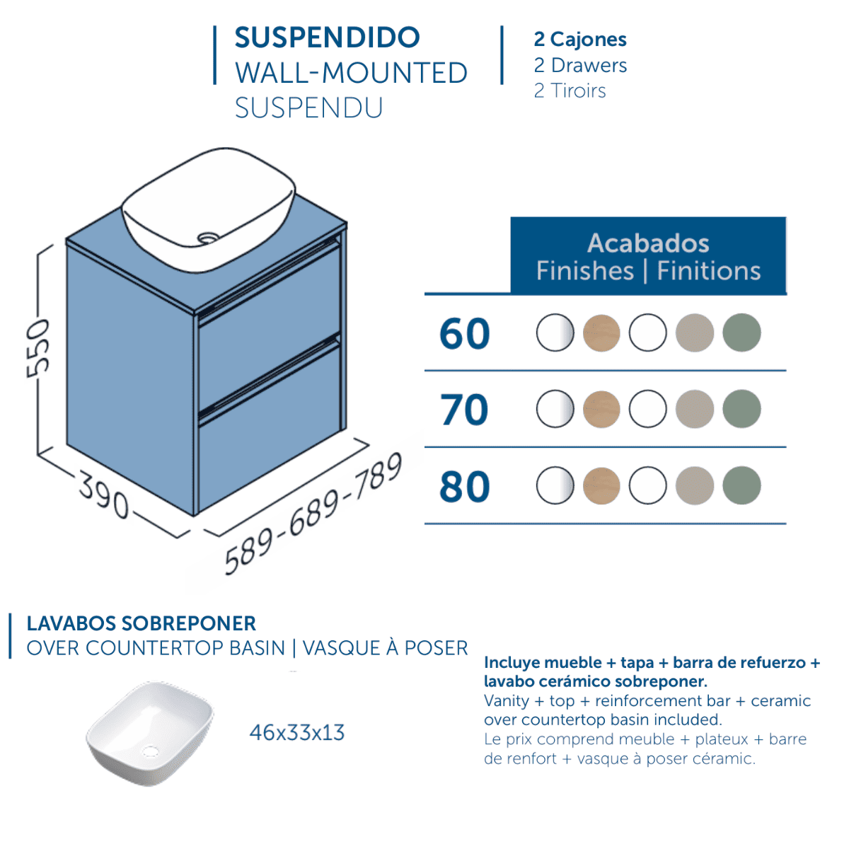 Mueble de Baño Suspendido Fondo Reducido con Lavabo Sobreponer Cerámico para Aseos modelo Veloz| Mueble Volado 2 Cajones | Leaf