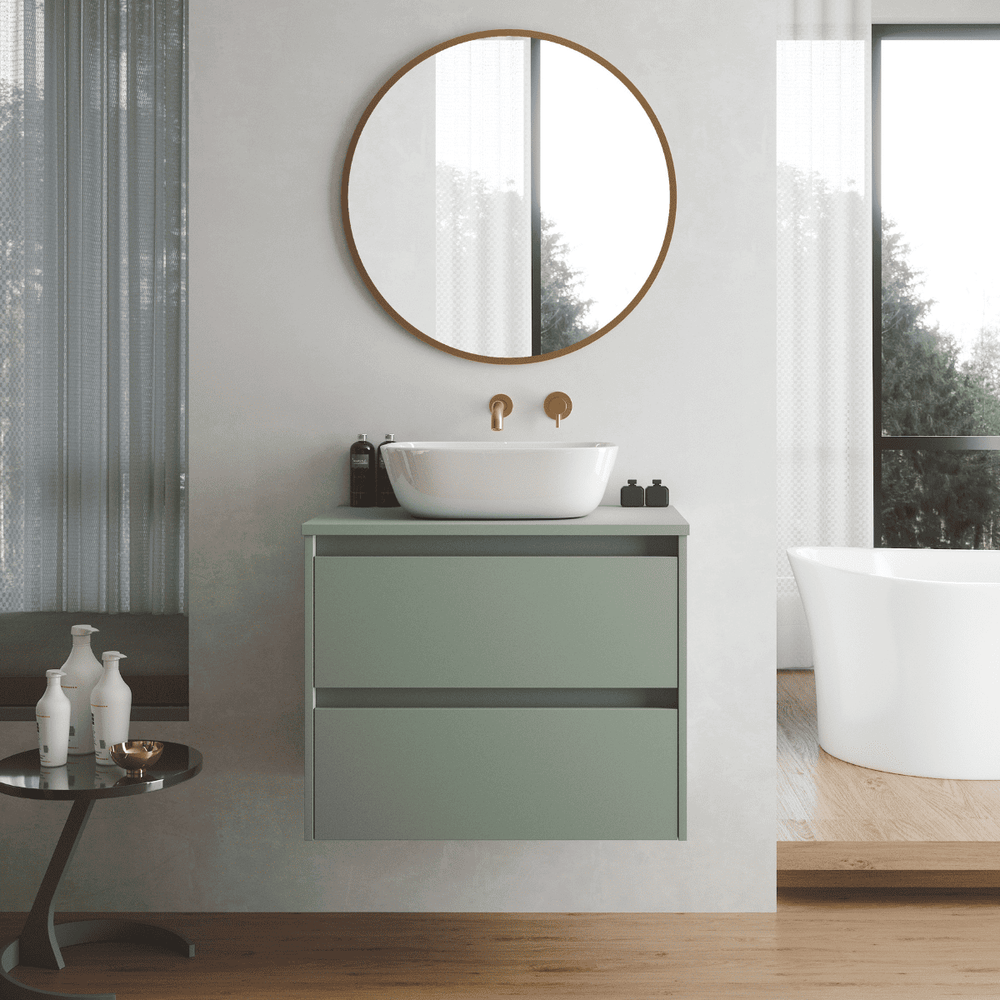 Mueble de Baño Suspendido Fondo Reducido con Lavabo Sobreponer Cerámico para Aseos modelo Veloz| Mueble Volado 2 Cajones | Leaf - 