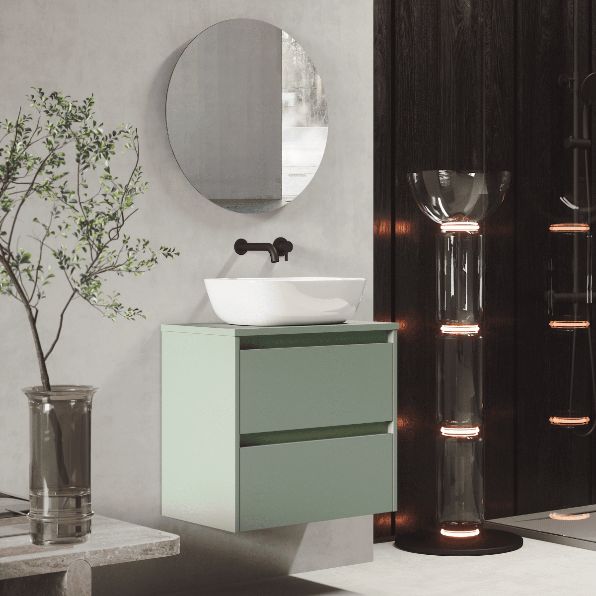 Mueble de Baño Suspendido Fondo Reducido con Lavabo Sobreponer Cerámico para Aseos modelo Veloz| Mueble Volado 2 Cajones | Leaf
