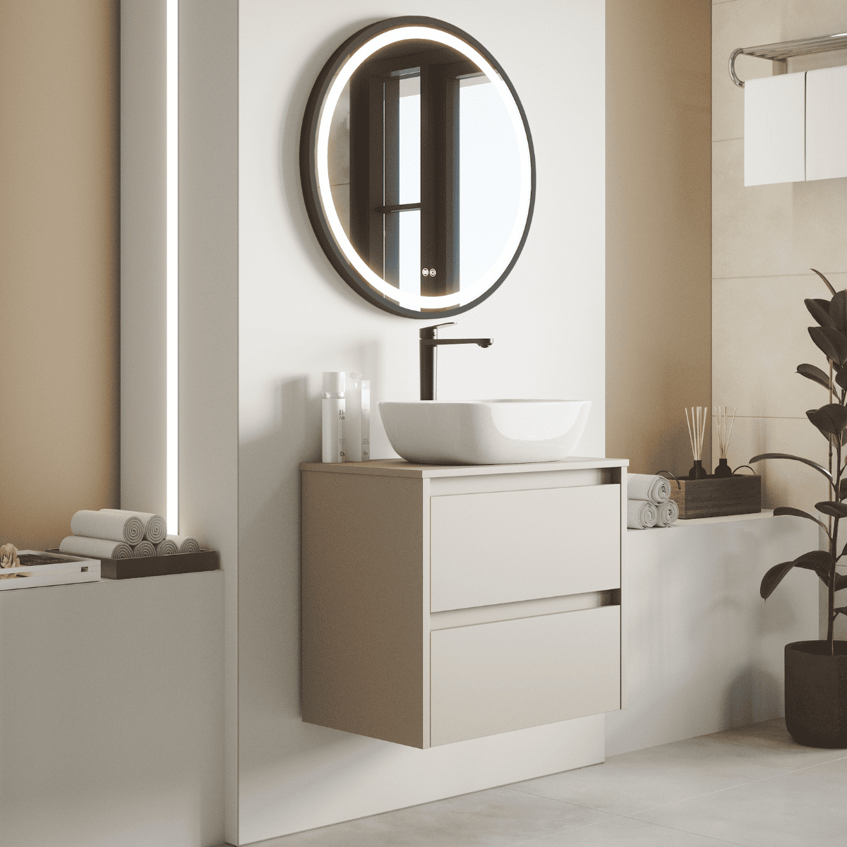 Mueble de Baño Suspendido Fondo Reducido con Lavabo Sobreponer Cerámico para Aseos modelo Veloz| Mueble Volado 2 Cajones | Moka