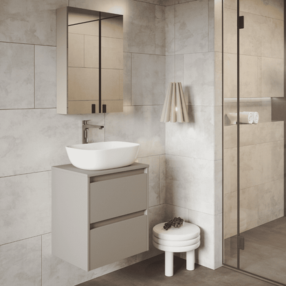 Mueble de Baño Suspendido Fondo Reducido con Lavabo Sobreponer Cerámico para Aseos modelo Veloz| Mueble Volado 2 Cajones | Moka