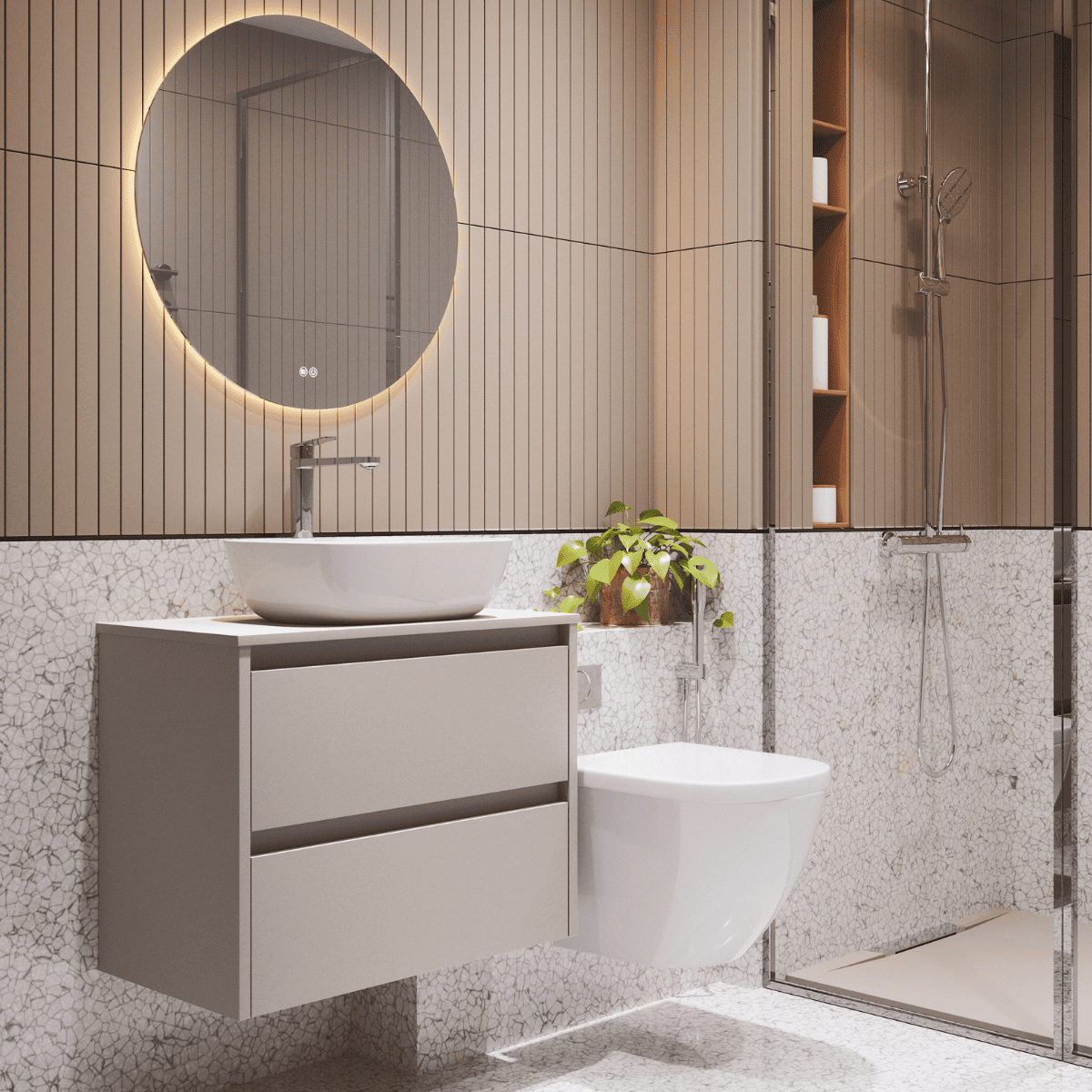 Mueble de Baño Suspendido Fondo Reducido con Lavabo Sobreponer Cerámico para Aseos modelo Veloz| Mueble Volado 2 Cajones | Moka