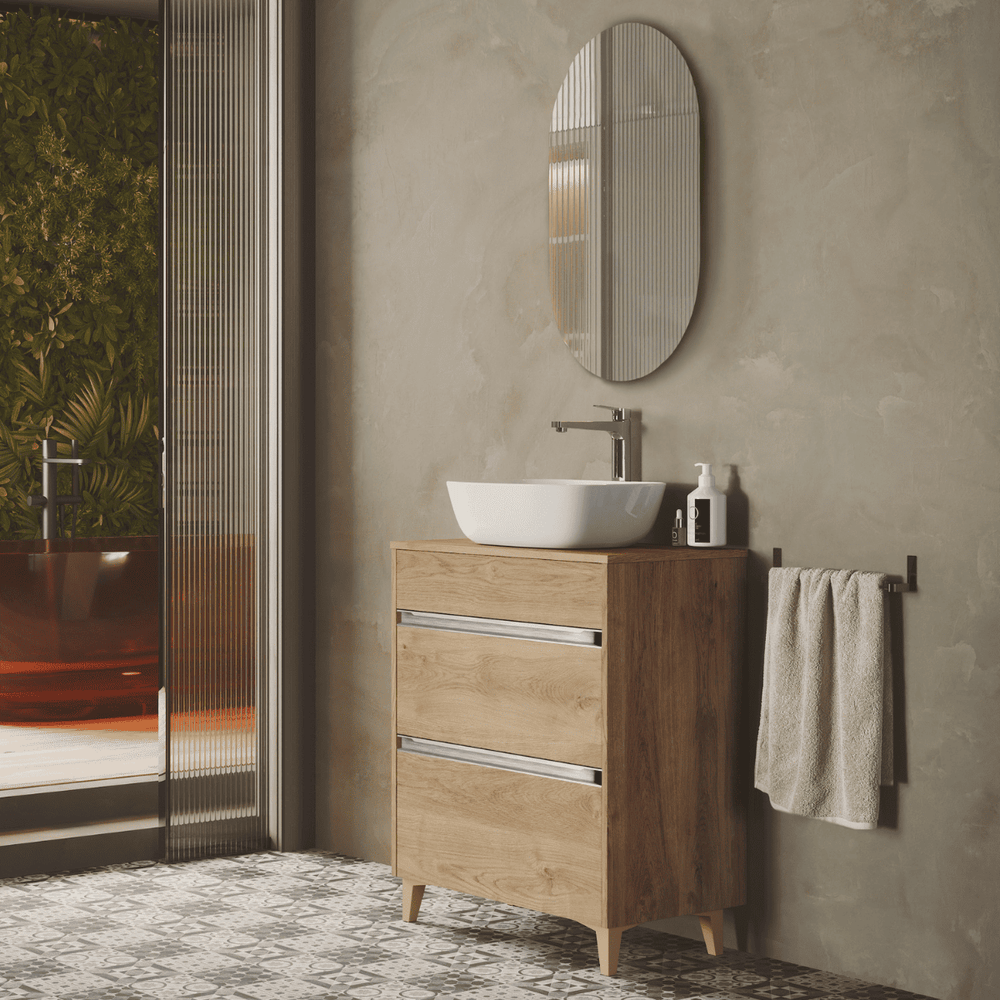Meuble de salle de bains au sol avec lavabo à poser en céramique et profondeur réduite, modèle Veloz | Meuble de salle de bains sur pieds, 2 tiroirs avec poignées pour les toilettes | Chêne naturel - 