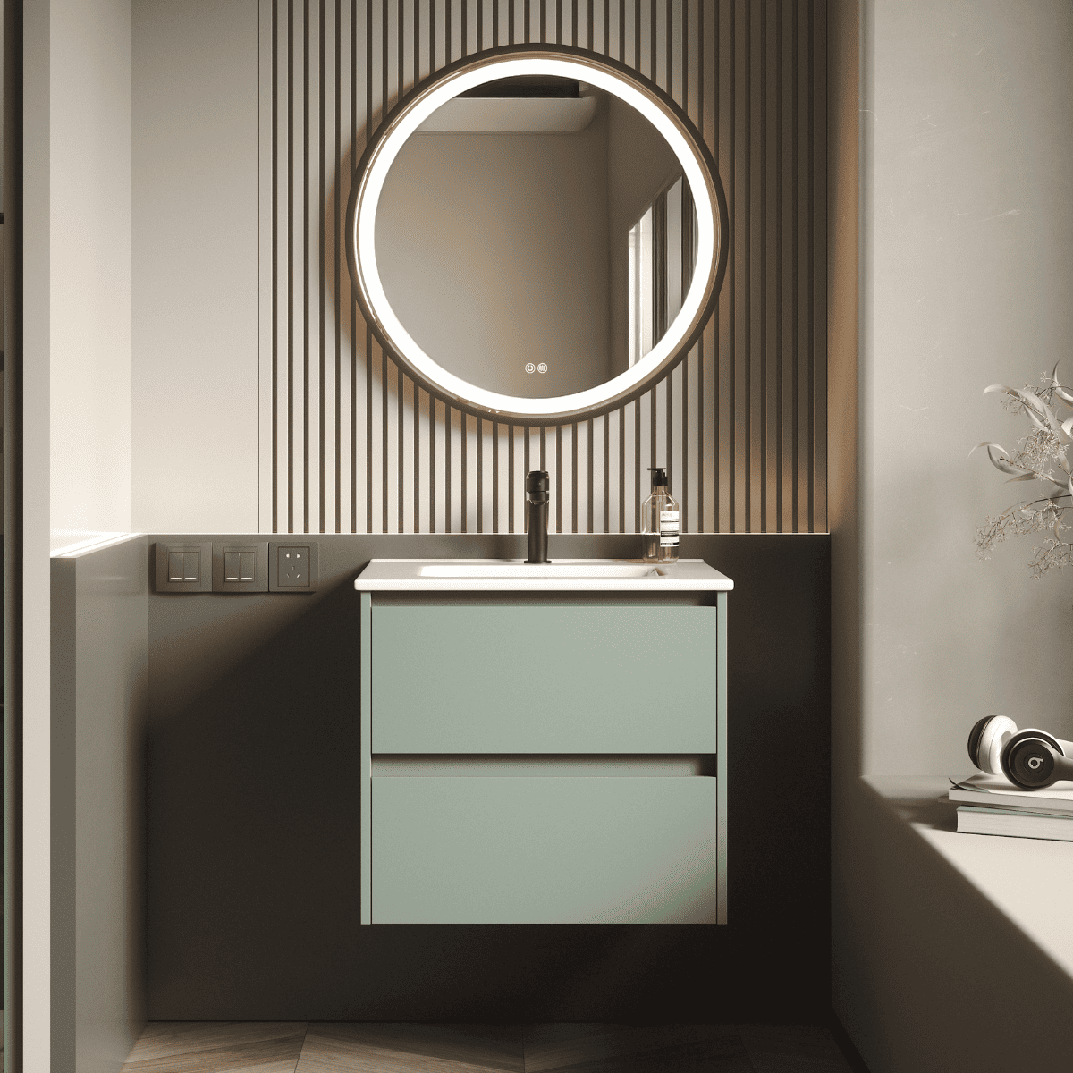 Mueble de Baño Suspendido con Lavabo Cerámico modelo Veloz| Mueble Volado 2 Cajones| Leaf