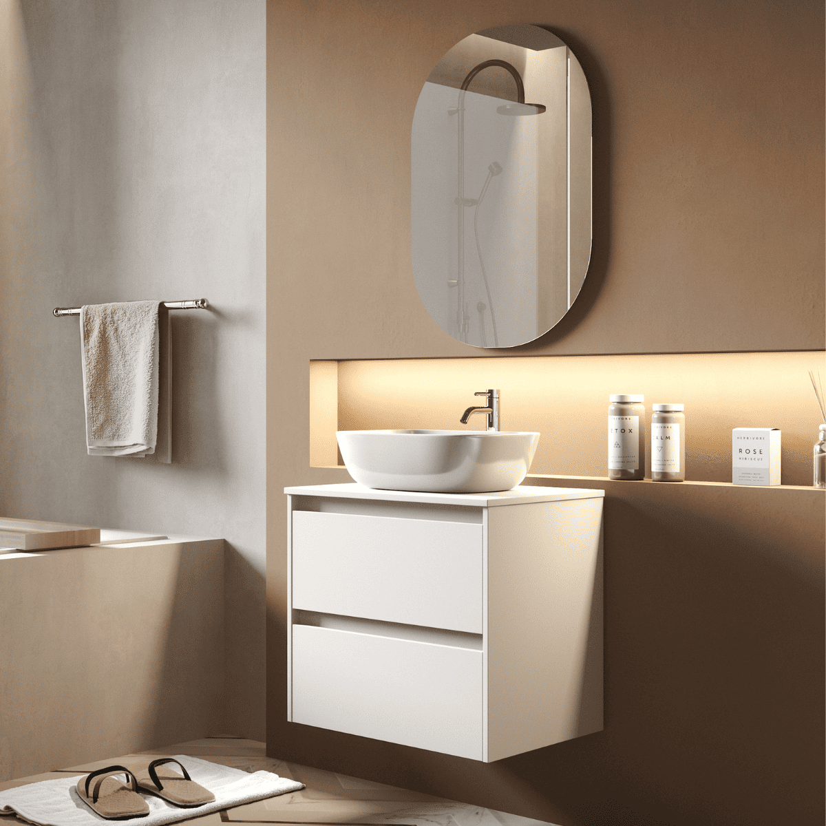 Mueble de Baño Suspendido con Lavabo Sobreponer Cerámico modelo Veloz| Mueble Volado 2 Cajones | Blanco Mate