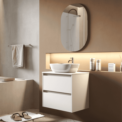 Mueble de Baño Suspendido con Lavabo Sobreponer Cerámico modelo Veloz| Mueble Volado 2 Cajones | Blanco Mate