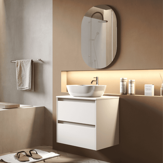 Mueble de Baño Suspendido con Lavabo Sobreponer Cerámico modelo Veloz| Mueble Volado 2 Cajones | Blanco Mate