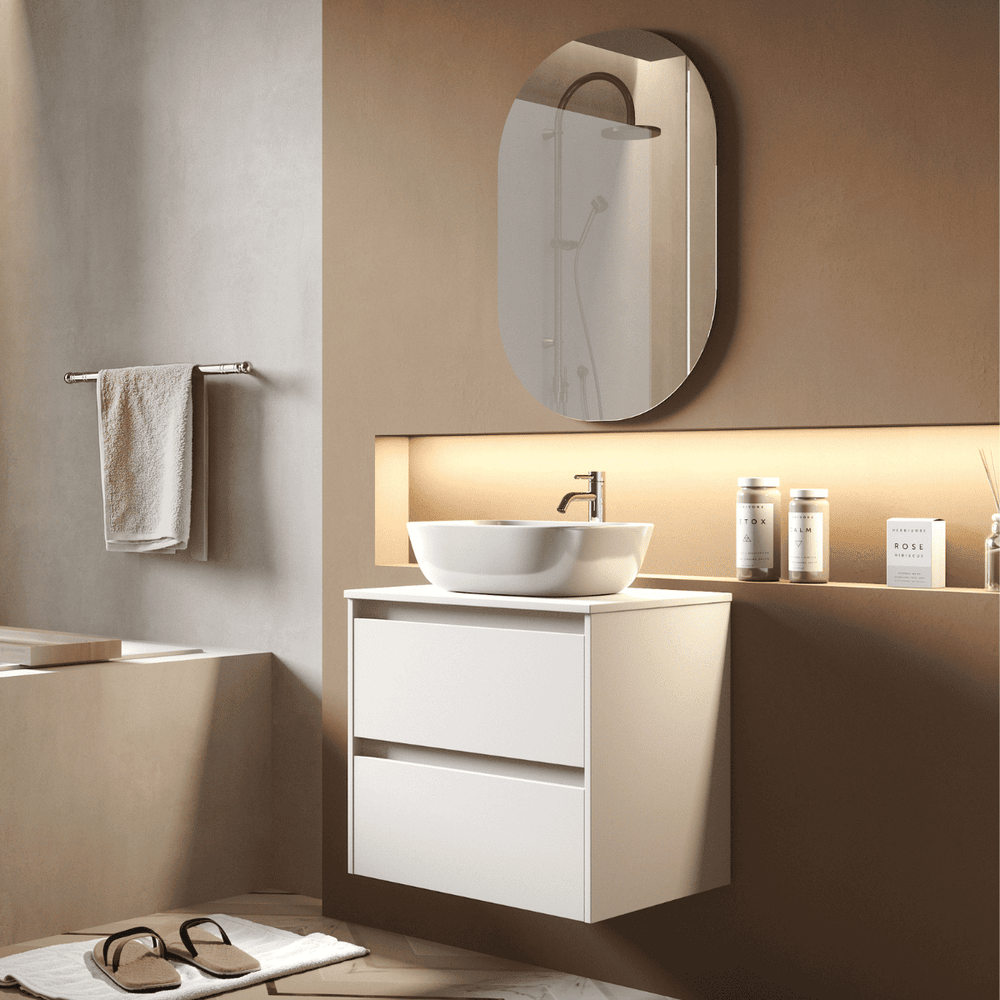 Mueble de Baño Suspendido con Lavabo Sobreponer Cerámico modelo Veloz| Mueble Volado 2 Cajones | Blanco Mate - 