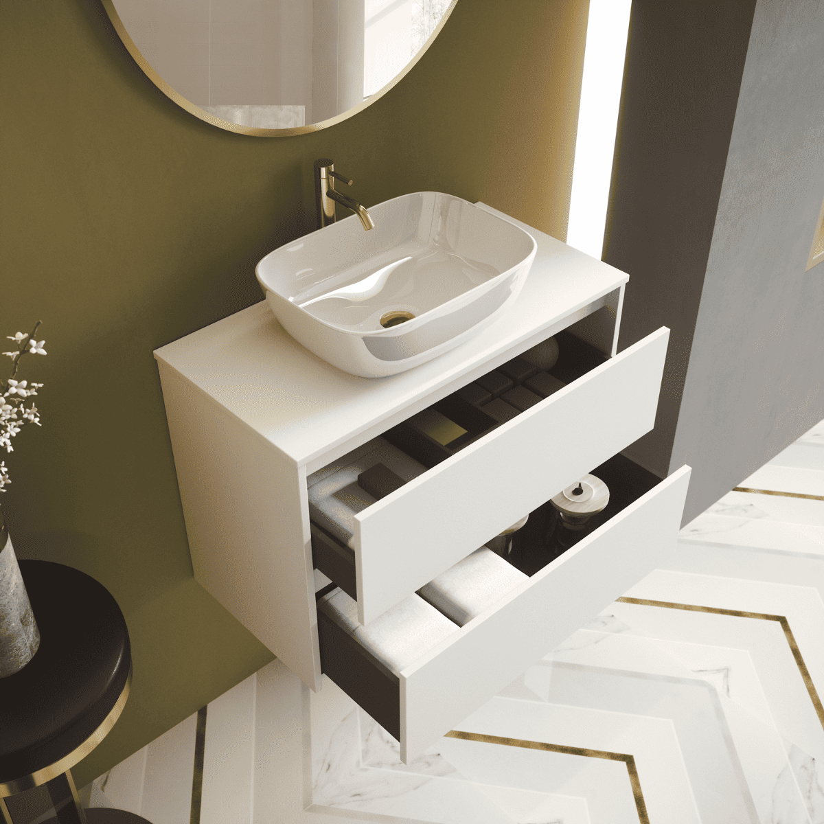 Mueble de Baño Suspendido con Lavabo Sobreponer Cerámico modelo Veloz| Mueble Volado 2 Cajones | Blanco Mate