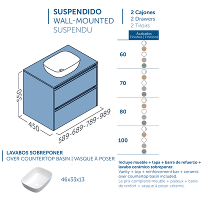 Mueble de Baño Suspendido con Lavabo Sobreponer Cerámico modelo Veloz| Mueble Volado 2 Cajones | Blanco Mate