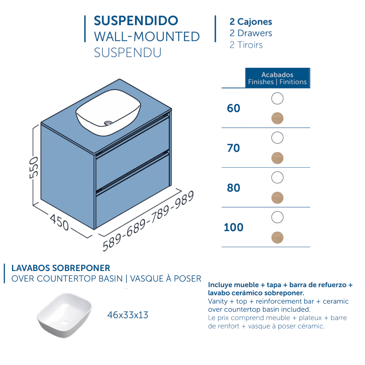 Mueble de Baño Suspendido con Lavabo Sobreponer Cerámico modelo Veloz| Mueble Volado 2 Cajones | Blanco Brillo