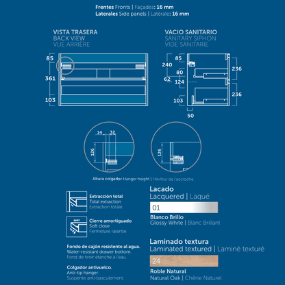 Mueble de Baño Suspendido con Lavabo Sobreponer Cerámico modelo Veloz| Mueble Volado 2 Cajones | Blanco Brillo