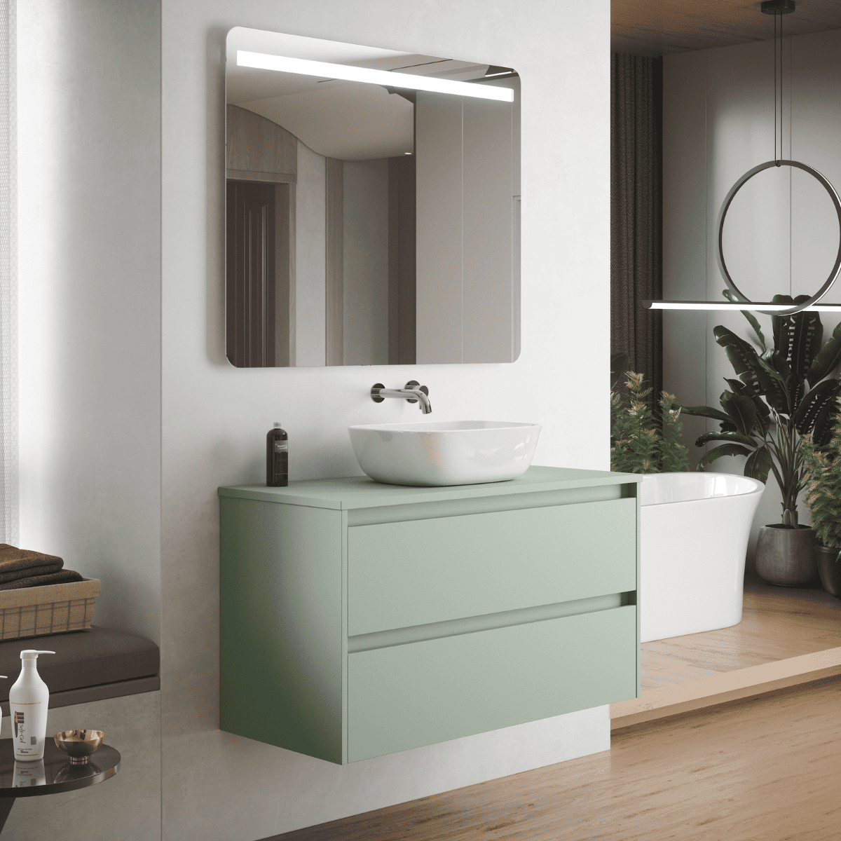 Mueble de Baño Suspendido con Lavabo Sobreponer Cerámico modelo Veloz| Mueble Volado 2 Cajones | Leaf